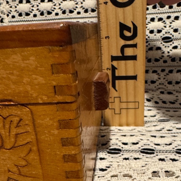 Hand-Carved Wooden Keepsake Box with Dovetail Corners, Scenic Inlay and Mirror - Picture 2 of 16